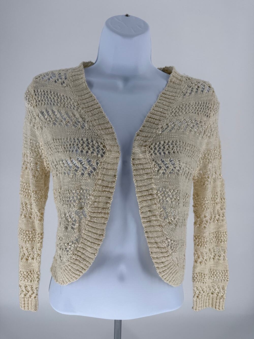 Cloud Chaser Small Ivory Crochet Knit Open Front Cropped Cardigan Boho Sweater